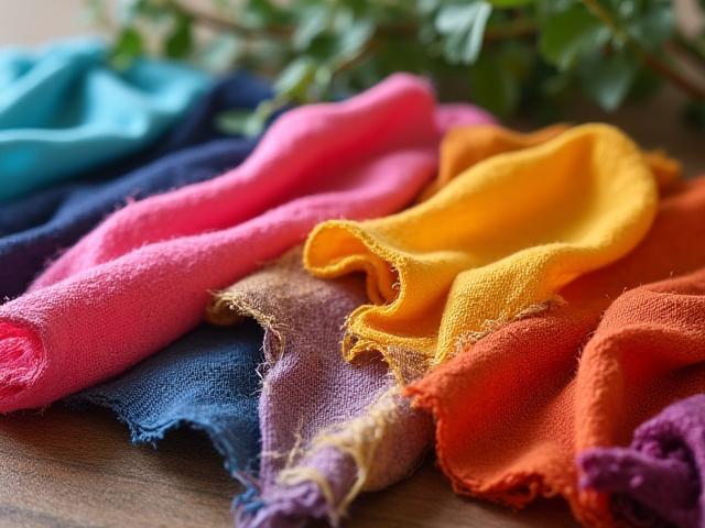 Variazioni di tessuti colorati con tinture bio-based in un'ambientazione naturale