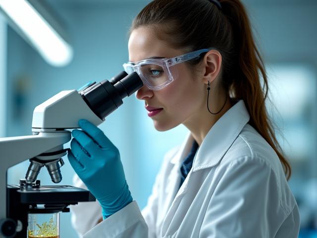 Ricercatrice in laboratorio che esamina un pigmento biodegradabile