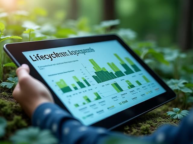 Grafici e dati ambientali su un tablet, raffiguranti l'analisi del ciclo di vita